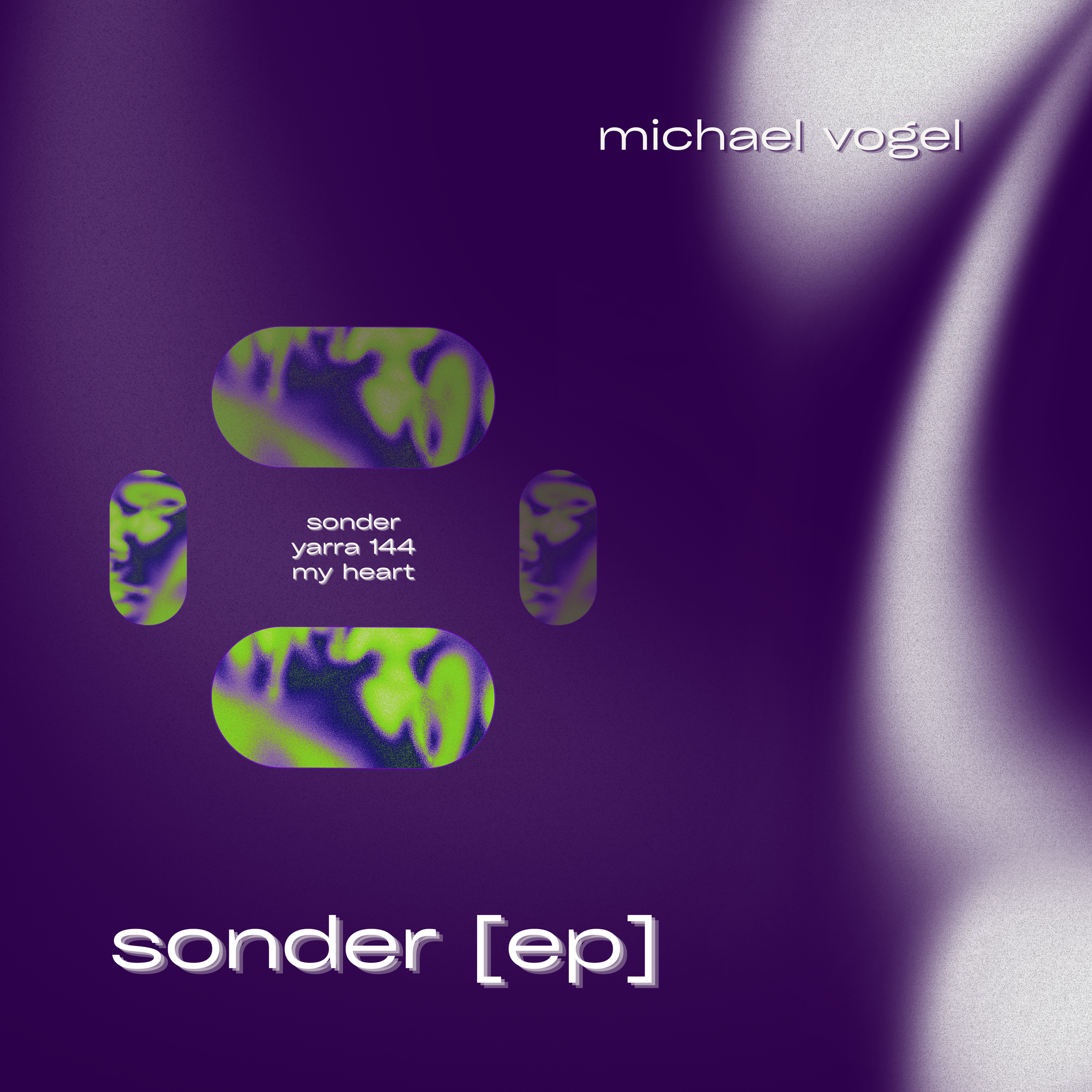 Digitales Kunstwerk mit Namen 'michael vogel' und Text 'sonder [Ende]' in lila, grün und silbergrau auf dunklem Hintergrund.