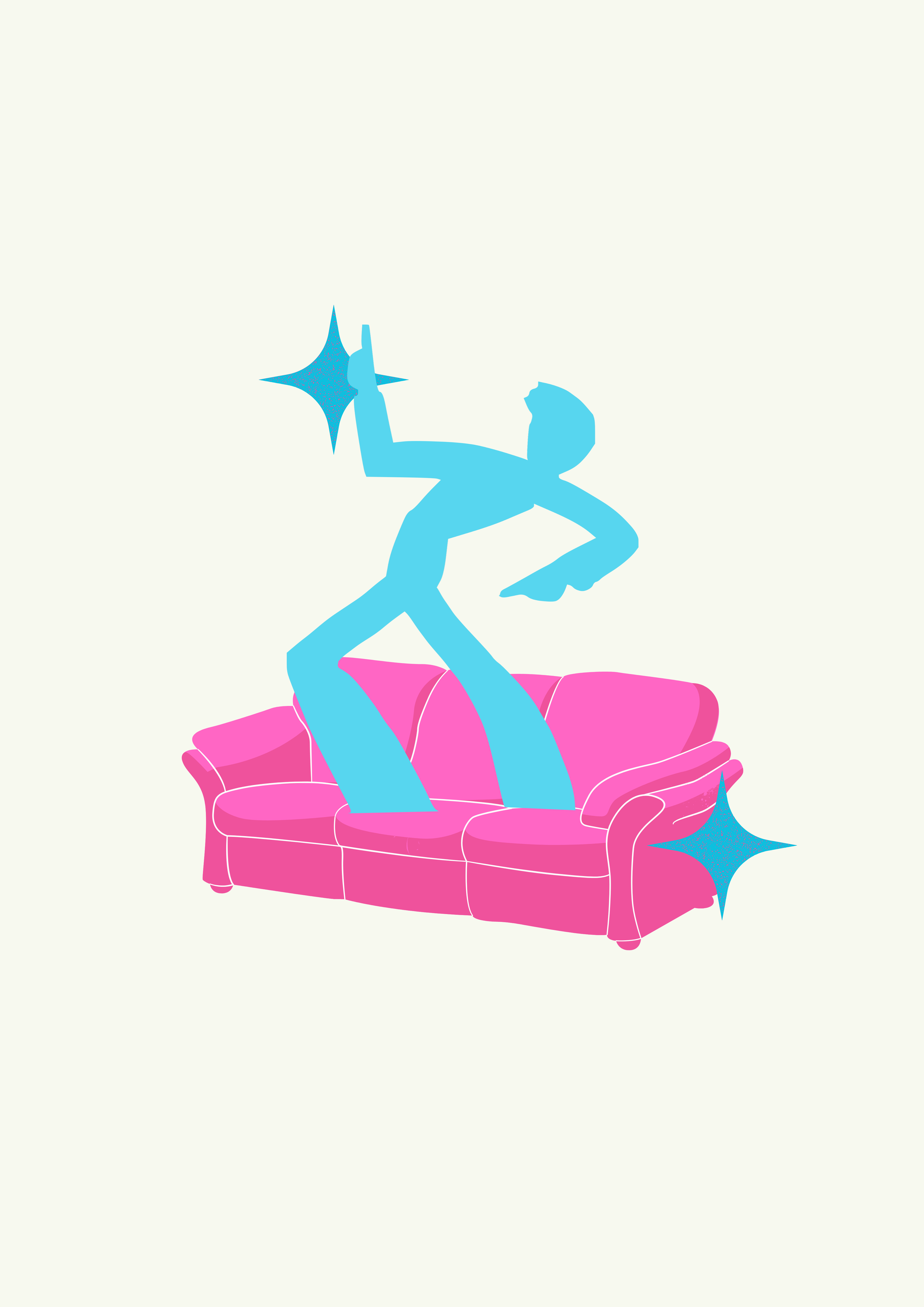 Eine stilisierte, blaue menschliche Figur sitzt auf einem pinken Sofa, streckt ein Bein über die andere, hält eine Sternform in der Hand und hat funkelnde Sterne um sich herum.