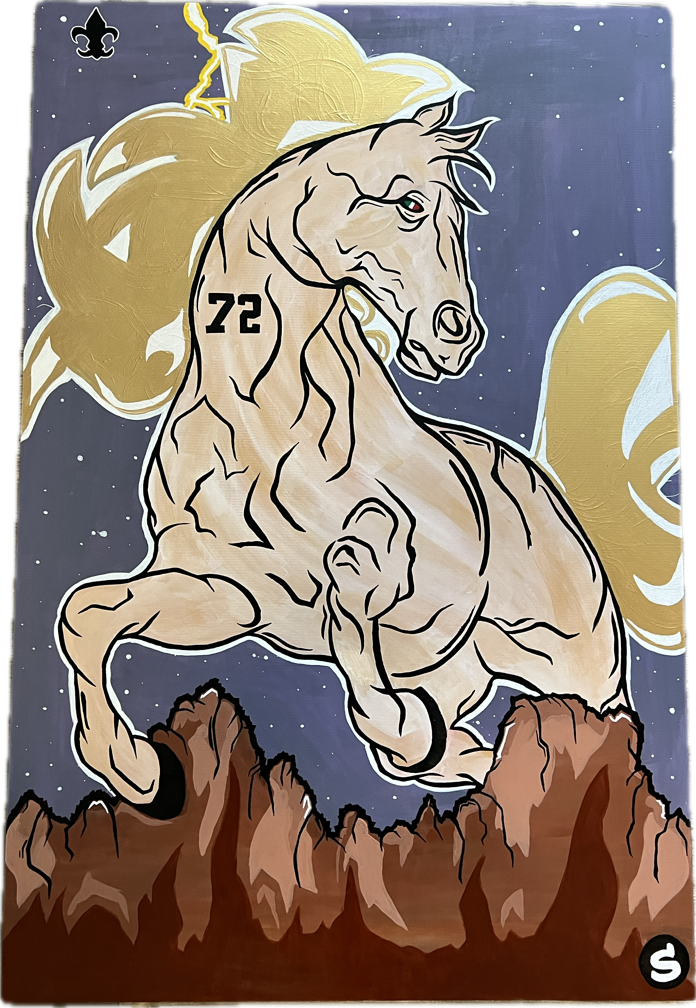 A mural of a muscular, rearing horse with a golden mane, set against a night sky with stars and stylized mountains at the bottom.