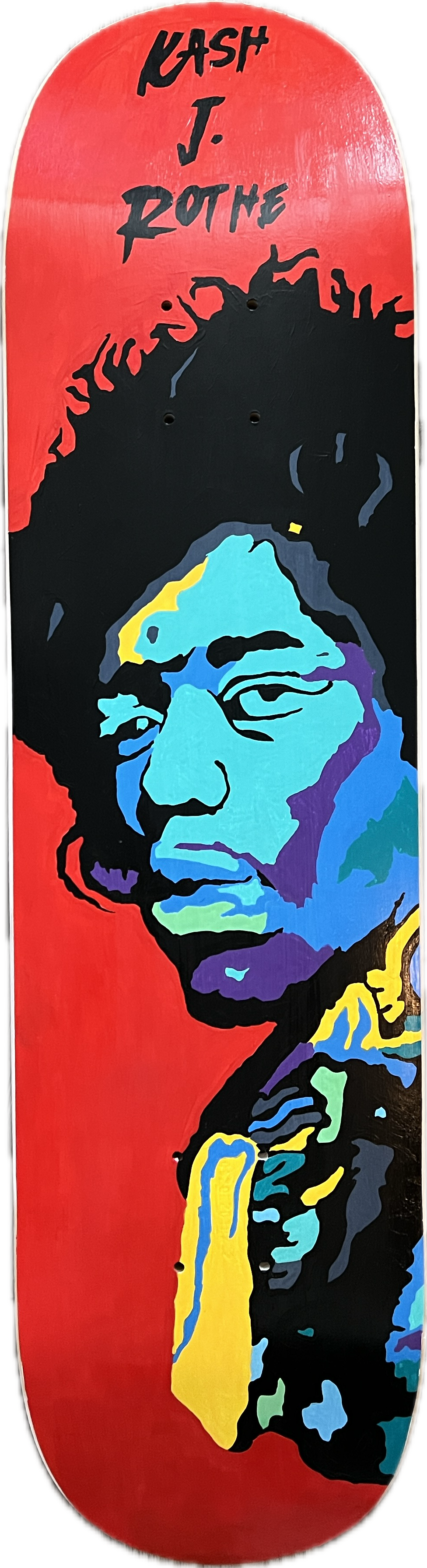Colorful skateboard deck artwork featuring a stylized portrait of Jimi Hendrix with his hand near his face, against a red background, with the text "KASH J. ROME" at the top.