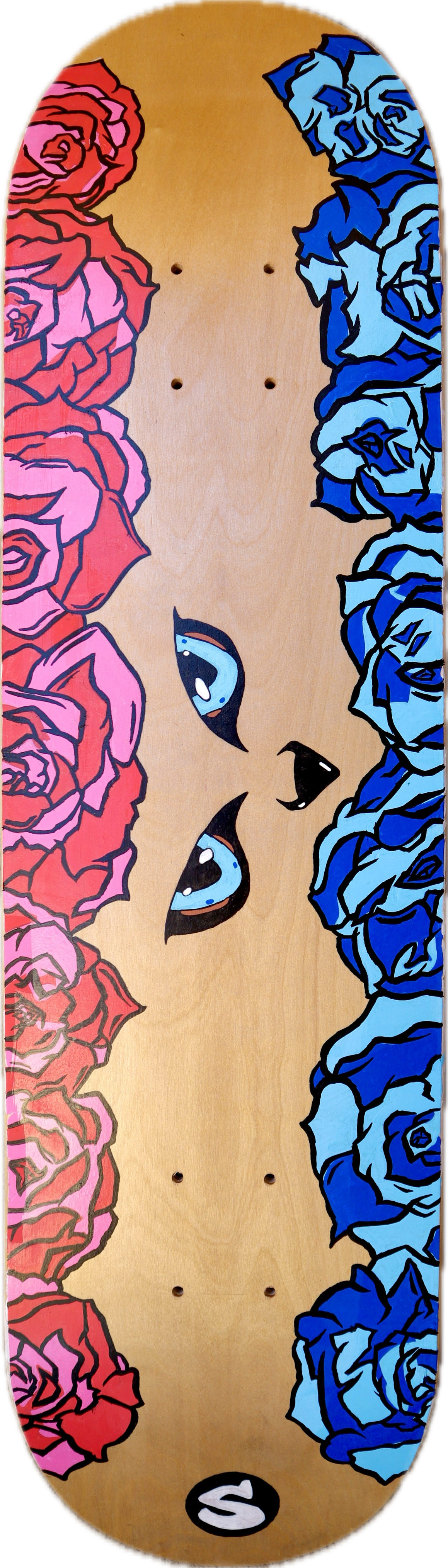A skateboard deck with a beige background and colorful floral designs. The left side features pink and red roses, while the right side has blue roses. In the center, there are stylized eyes with black, blue, and white colors, and a small black circle