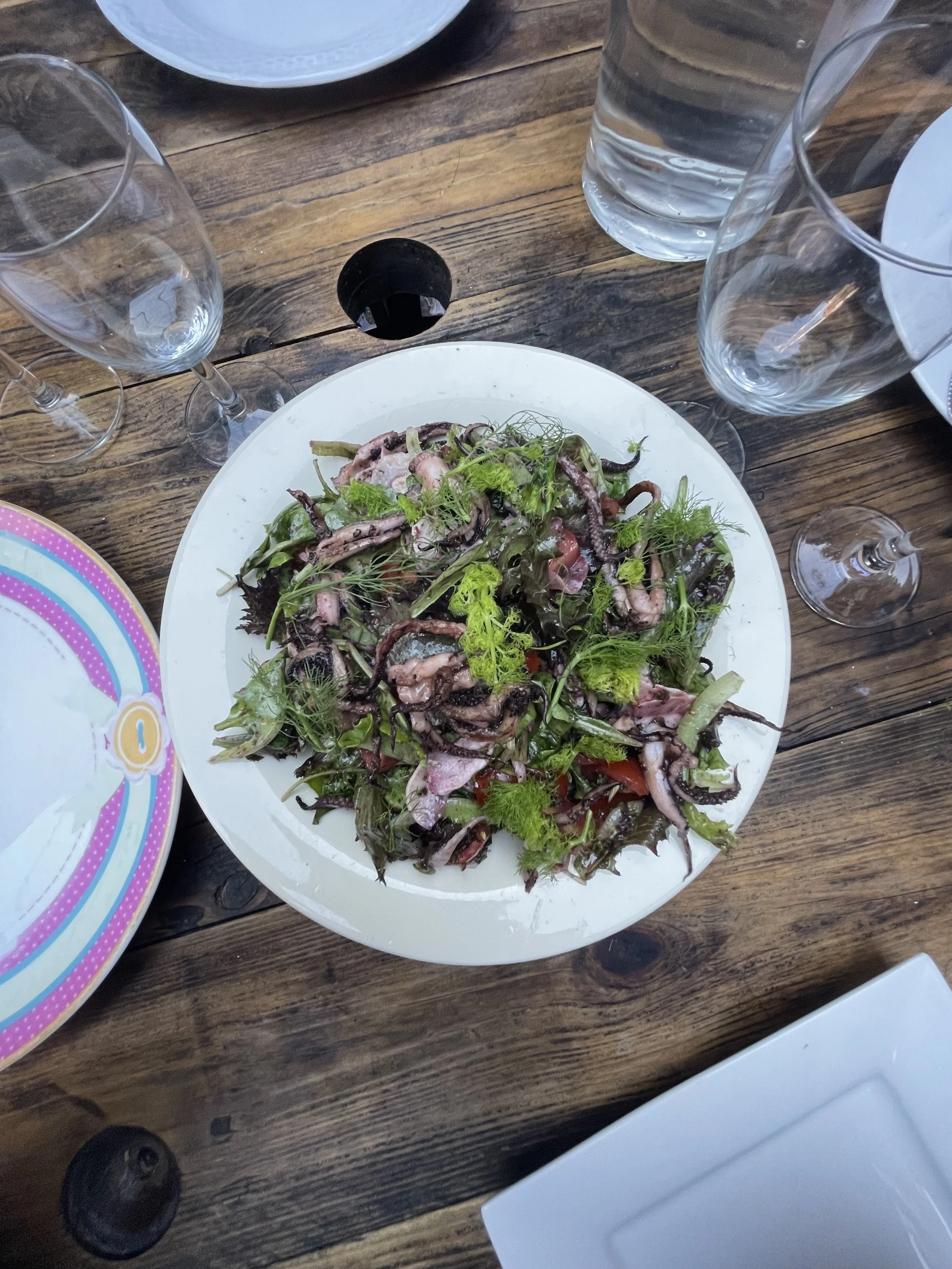 A plate of mixed green salad with leafy greens, vegetables, and octopus, on a rustic wooden table with empty wine glasses and water glasses around it.