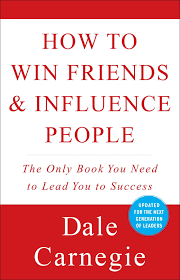 Book cover titled 'How to Win Friends & Influence People' by Dale Carnegie with a red and white color scheme.