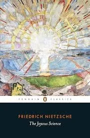 The book cover of Friedrich Nietzsche's 'The Joyous Science,' featuring an abstract, sunburst-like illustration with a bright, radiant center and colorful geometric shapes.