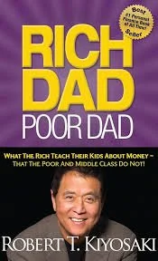 Book cover titled 'Rich Dad Poor Dad' by Robert T. Kiyosaki, with a purple background and a smiling man.