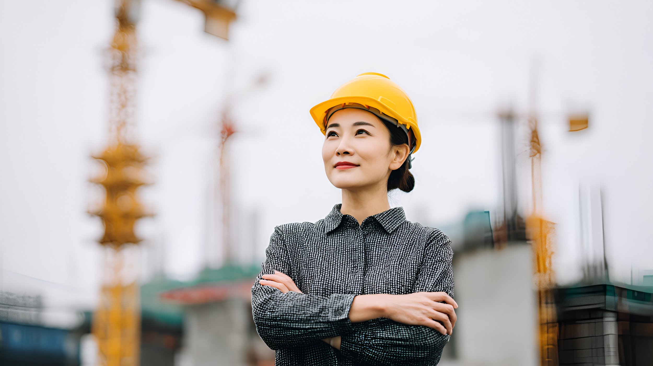 A woman in a patterned blouse and yellow safety helmet standing with her arms crossed at a construction site, looking confident with cranes in the background.