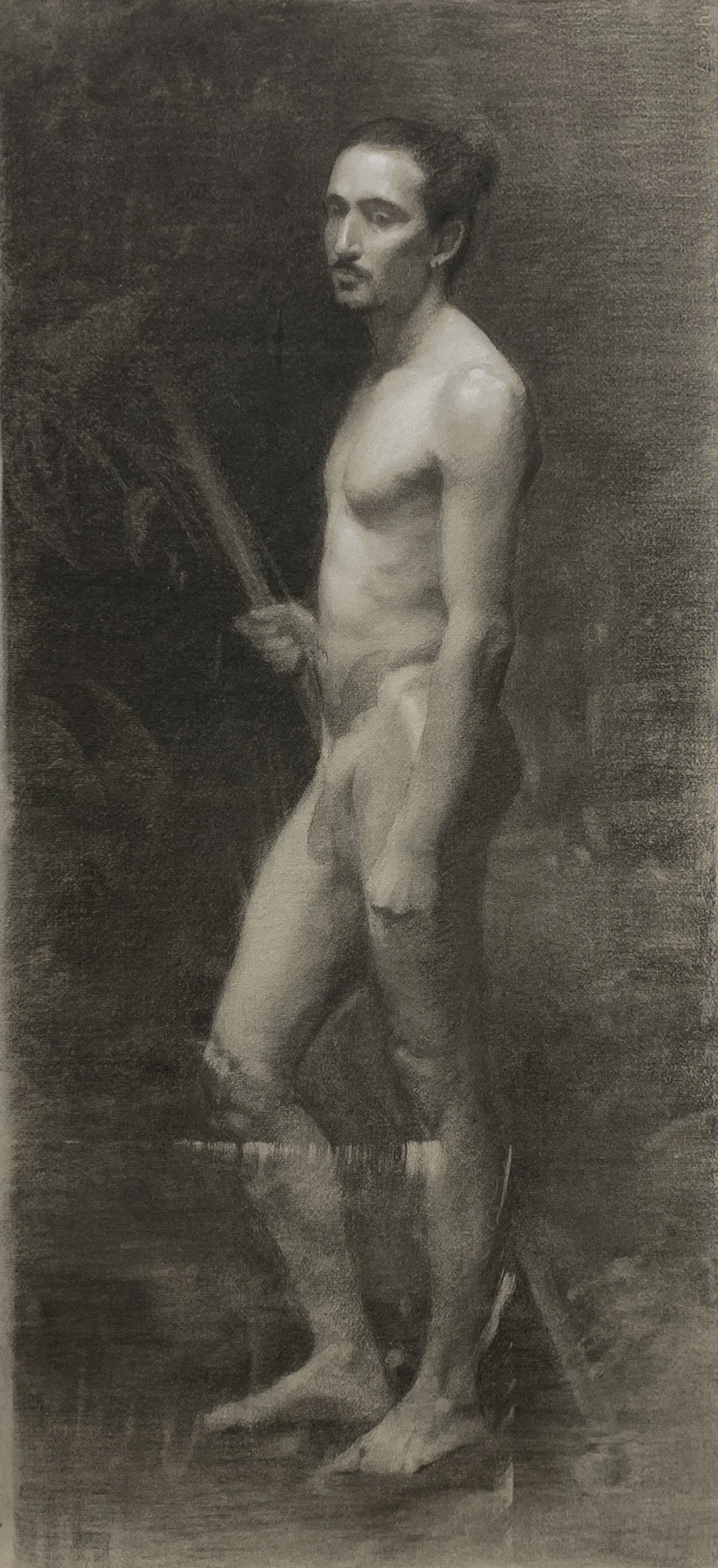 Charon I, 2022. Charcoal and white chalk on paper - 99x55cm