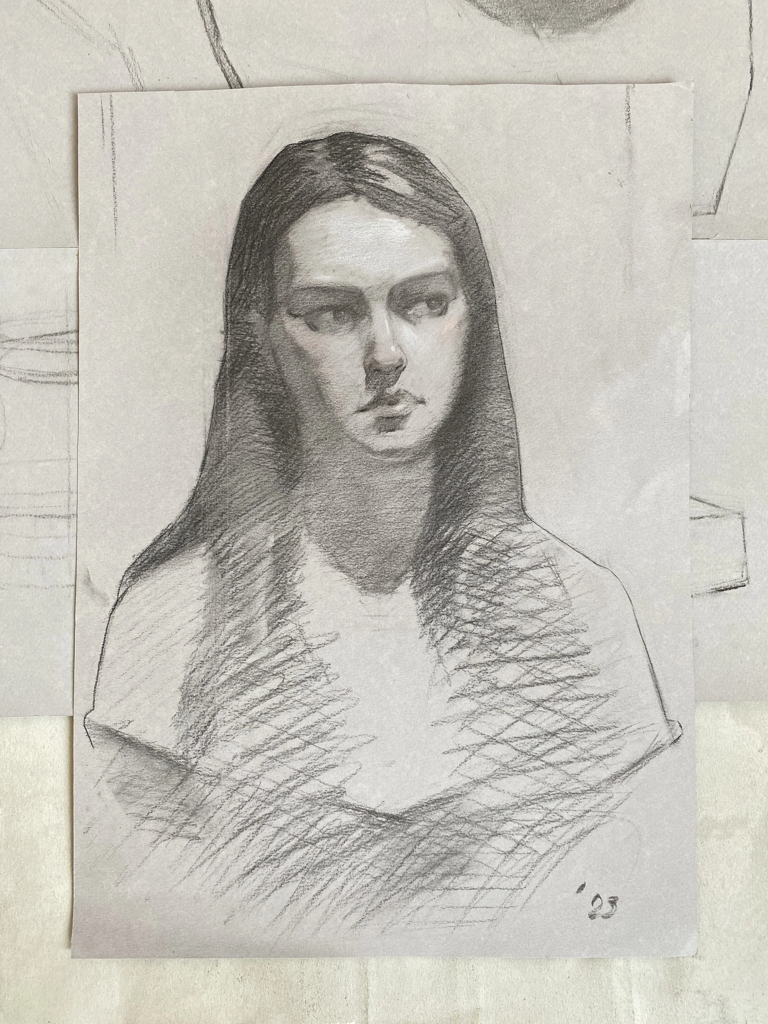 Portrait study, 2023. Charcoal and white chalk on paper - XXxYYcm