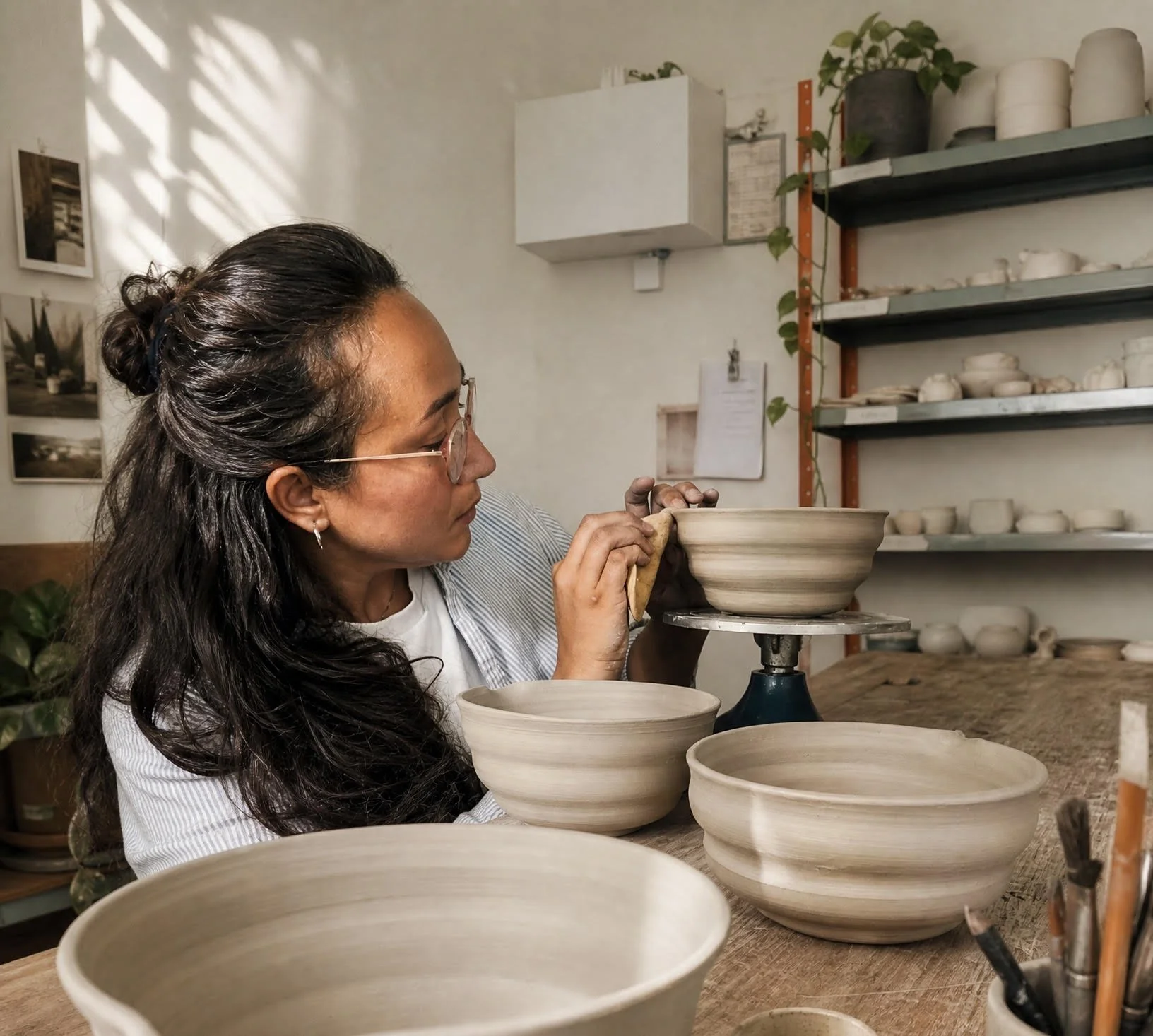 A woman with glasses and long dark hair, working on a ceramic bowl in a pottery studio, surrounded by unfinished pottery pieces on shelves and tables.