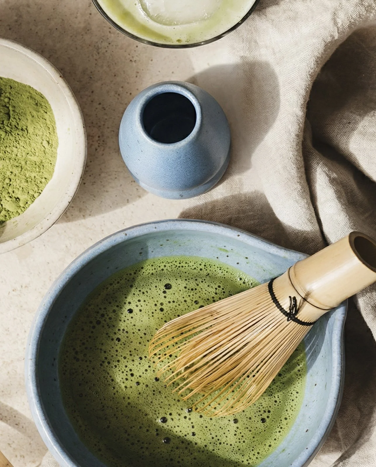 A bowl of green matcha tea with a bamboo whisk resting inside, near a bowl of powdered matcha and a glass of frothy matcha drink on a beige countertop with a beige cloth.