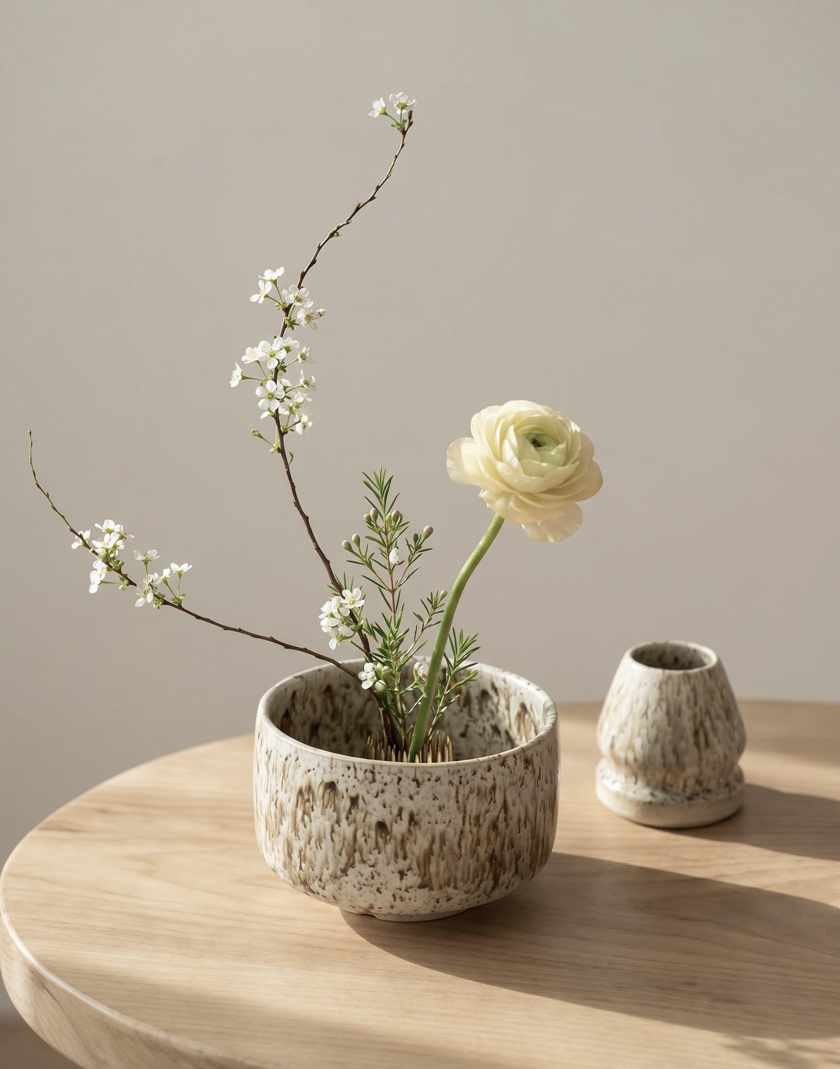 A ceramic pot with a speckled pattern contains a small arrangement of white flowers and greenery, sitting on a round wooden surface with a matching small ceramic container in the background.