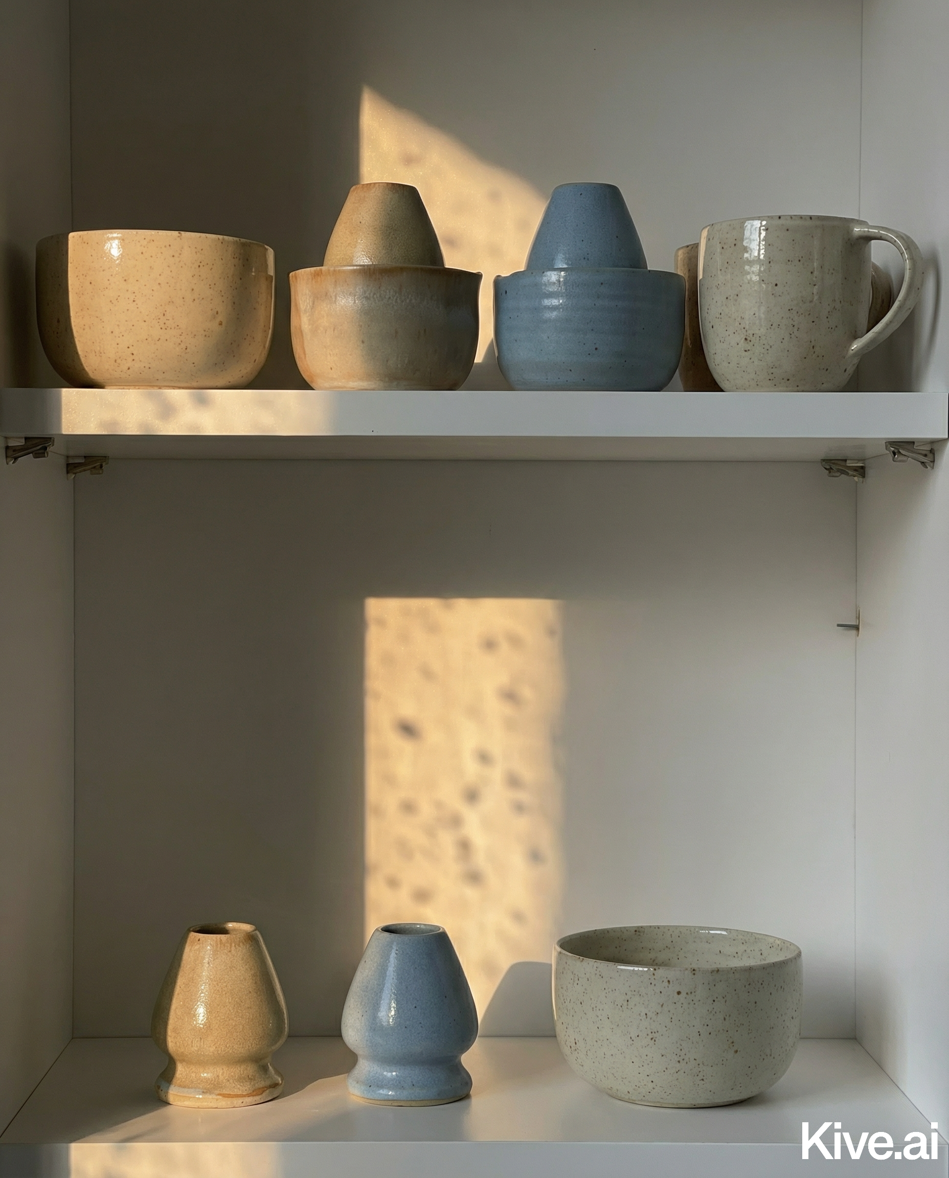 A collection of six ceramic vessels of varying sizes and colors placed on a white shelf, with sunlight casting a shadow on the wall behind them.