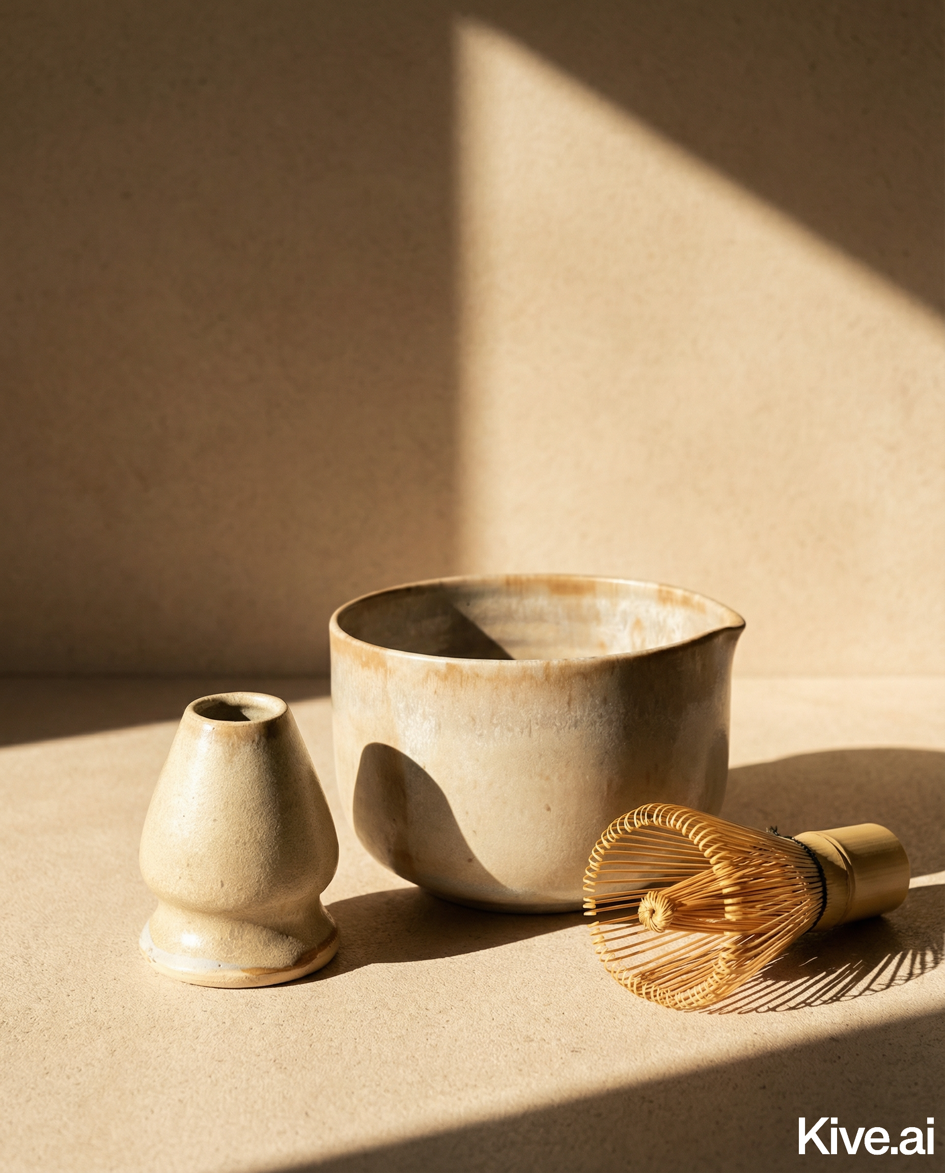 Ceramic vases and a bamboo whisk on a beige surface with sunlight casting shadows.