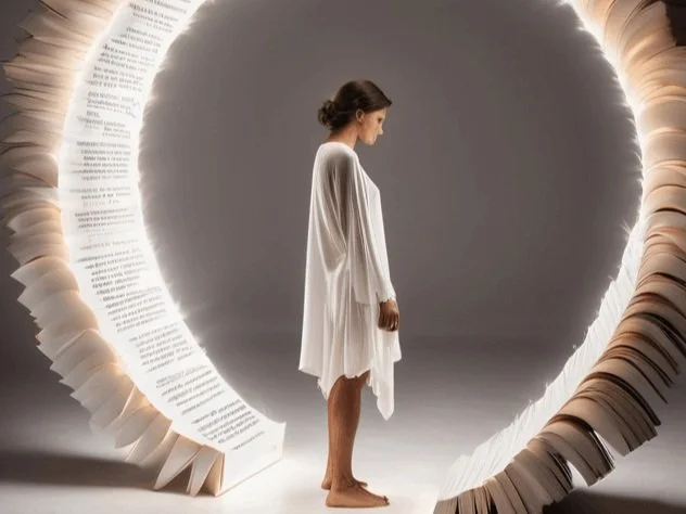 A woman standing barefoot inside a circular book of Akashic widsom in a sculpture, reading a book with pages forming the frame of the circle.