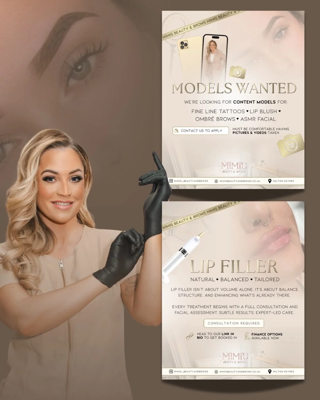 Social Posts for @mimis_beautyandbrows 

Mimi is not only a student nurse, but also a highly skilled SPMU artist &amp; trainer specialising in microblading, ombr&eacute; and combination brows, as well as lip blush and her brand reflects that same lev