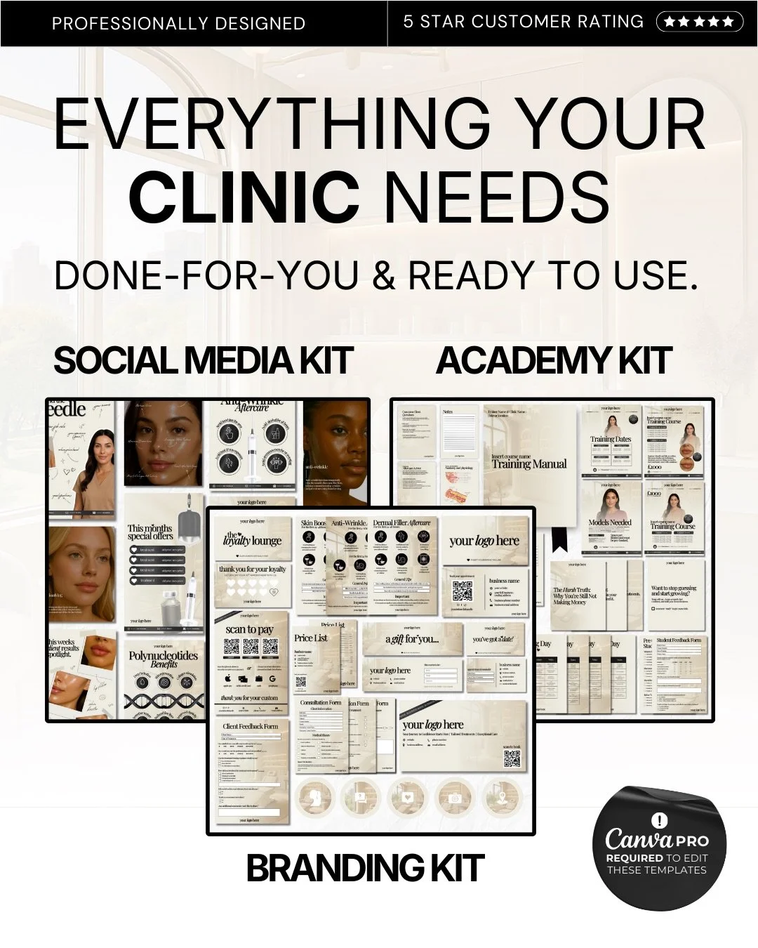 3 ready-made Template Kits, created for clinic &amp; medspa owners who want to look professional, consistent and put-together without breaking the bank! 

✨ What you get: &bull; Social Media Kit &ndash; posts, captions, carousels &amp; a planner &bul