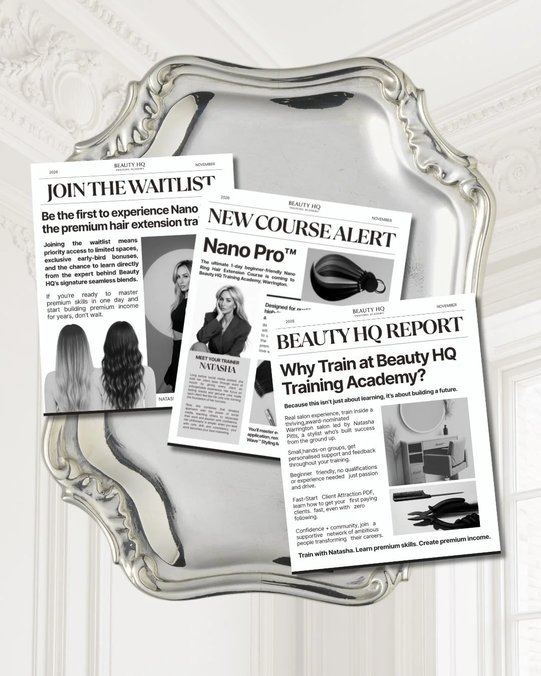 A custom launch newspaper created for @natashapittshair as part of a brand shoot for Nano Pro&trade; - designed to feel bold and editorial 🖤 

The idea was to create something that didn&rsquo;t just promote the course, but also became a prop within 