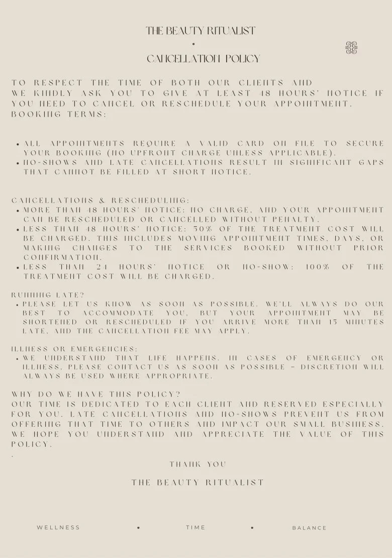 Cancellation policy document from THE BEAUTY RITUALIST, explaining appointment cancellations, rescheduling, late arrivals, emergencies, and the purpose of the policy.