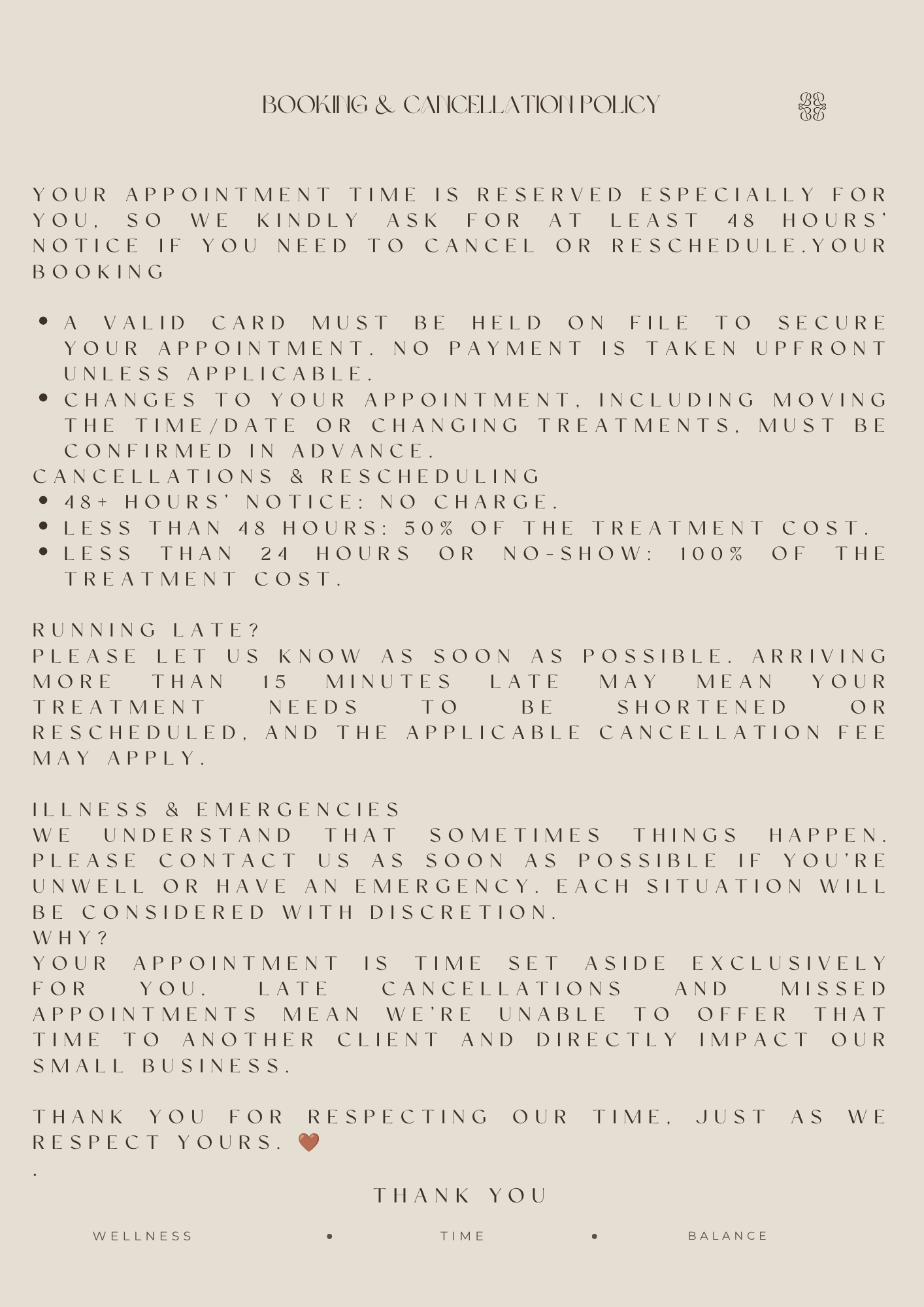 A notice with the title 'Booking & Cancellation Policy' on a light beige background, detailing appointment procedures, cancellations, emergency contact information, and expressing gratitude for respecting time, with small icons and decorative elements.