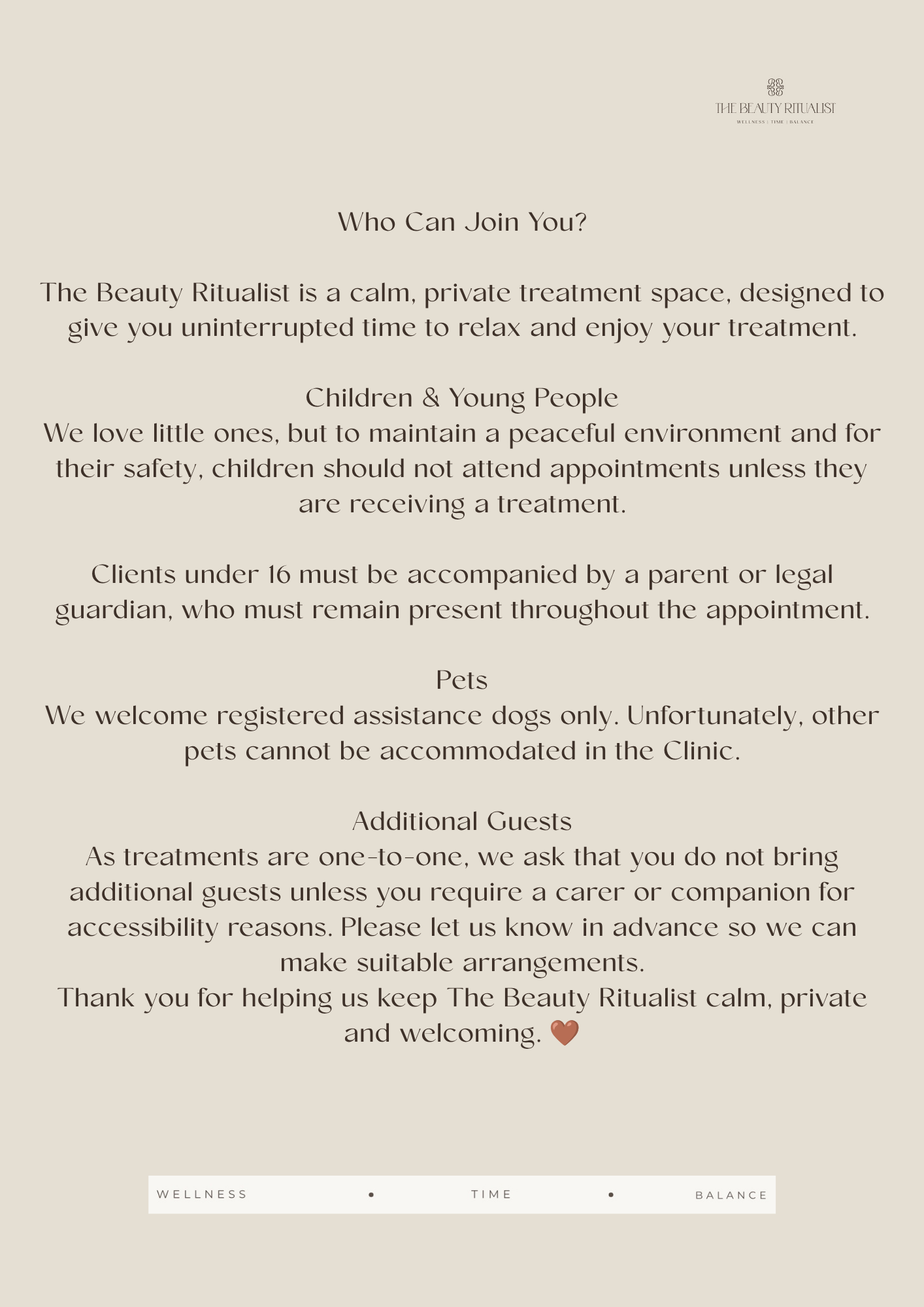 A webpage titled 'The Beauty Ritualist' with information about private skin treatment services, including guidelines for children, pets, additional guests, and accessibility, set against a beige background with black text.