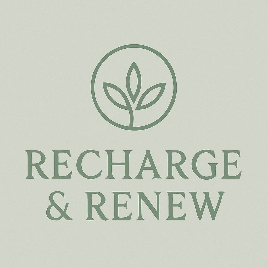 A minimalist logo with a leaf inside a circle and the words "Recharge & Renew" beneath it. Promoting Claire's business.