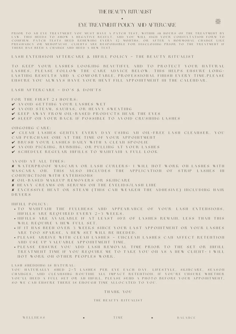 A document titled "The Beauty Ritualist Eye Treatment Policy and Aftercare" outlining eye treatment guidelines and aftercare instructions, including do's and don'ts, ongoing care, and refill policies.