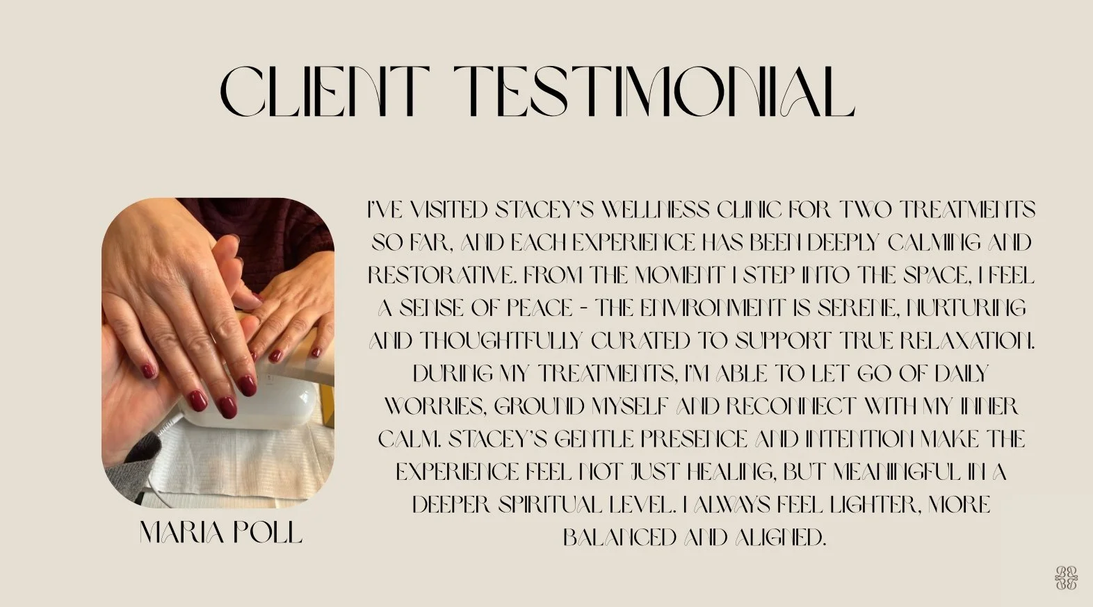 Client testimonial page with a photo of hands receiving a massage, and a detailed testimonial from Maria Poll about her experience at Stacey's Wellness Clinic.