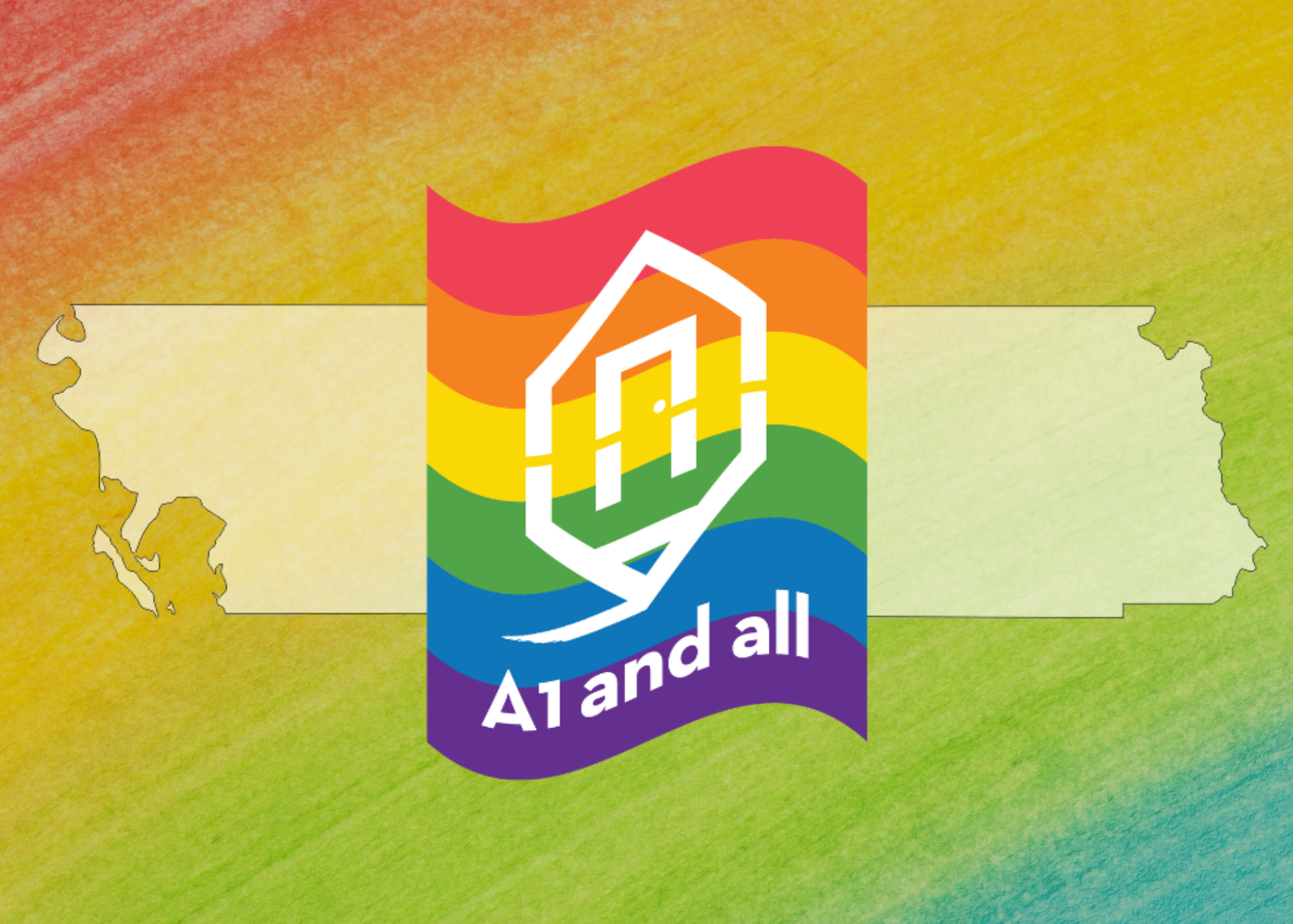 A rainbow-colored LGBTQ pride flag overlaid on a map of Washington State with a logo and the text 'A1 and all'.
