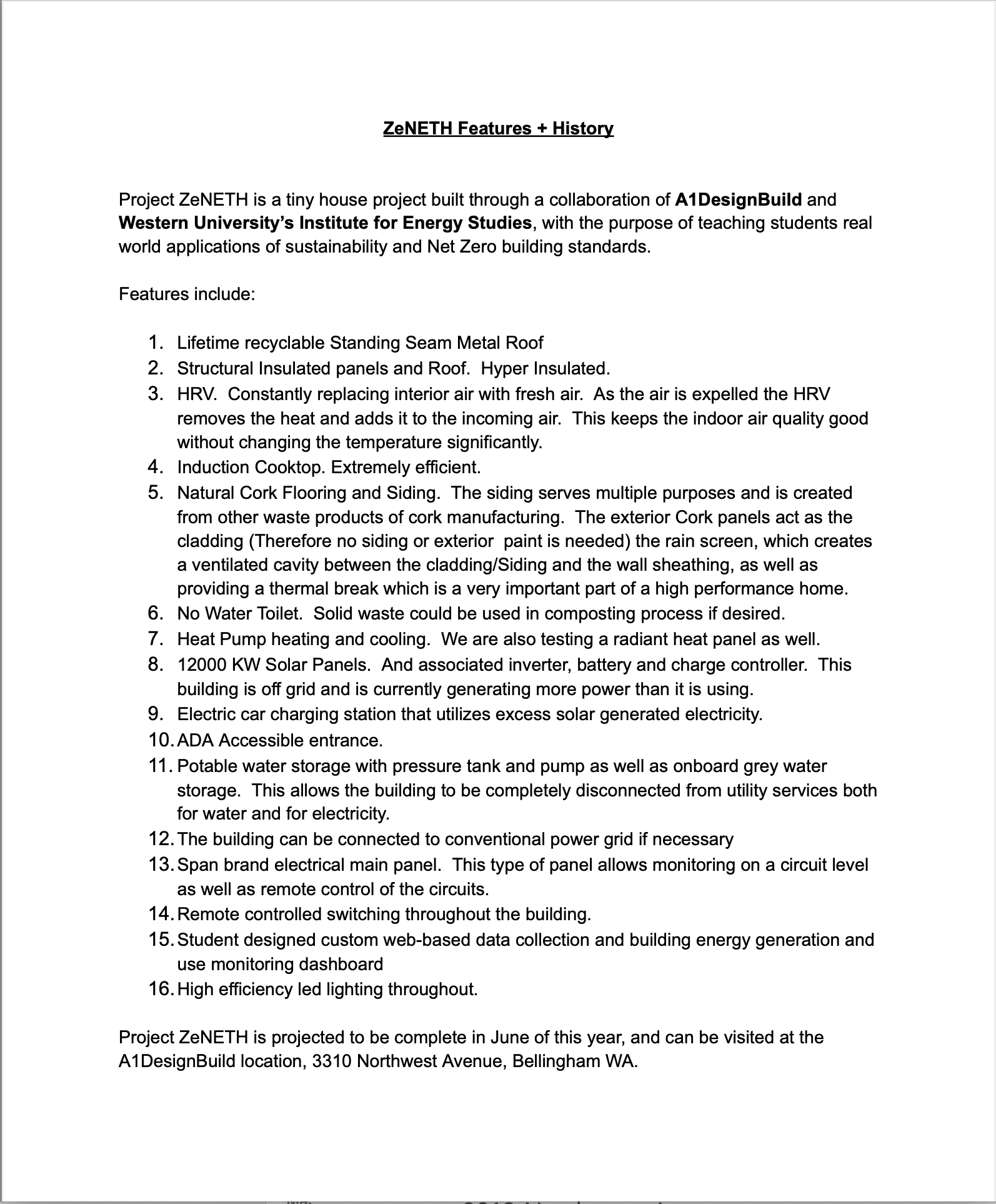 Regenerate alt text copyIconcrossIconBlue Typed document listing ZeNETH house features like metal roof, insulated panels, HRV, induction cooktop, efficient heating, and solar panels.