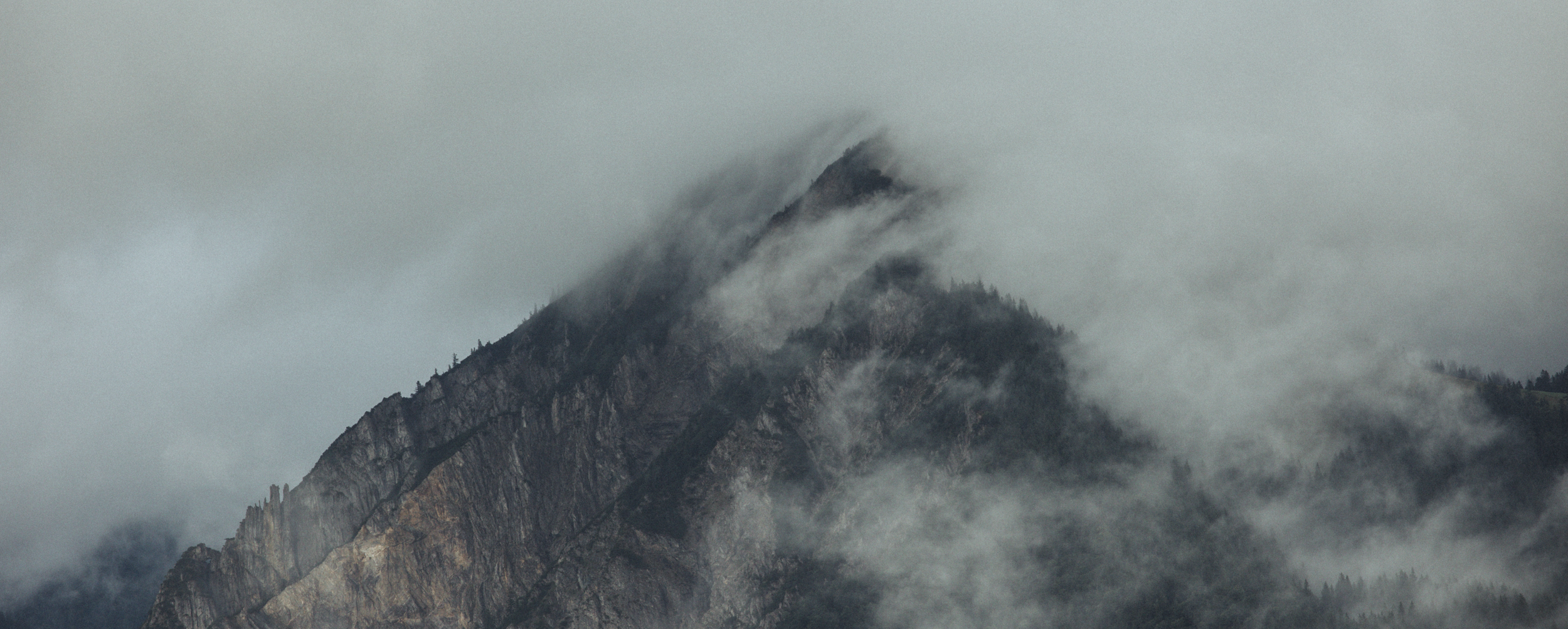 Ein nebelbedeckter Berg mit steilen Klippen und Tannen am Berghang.