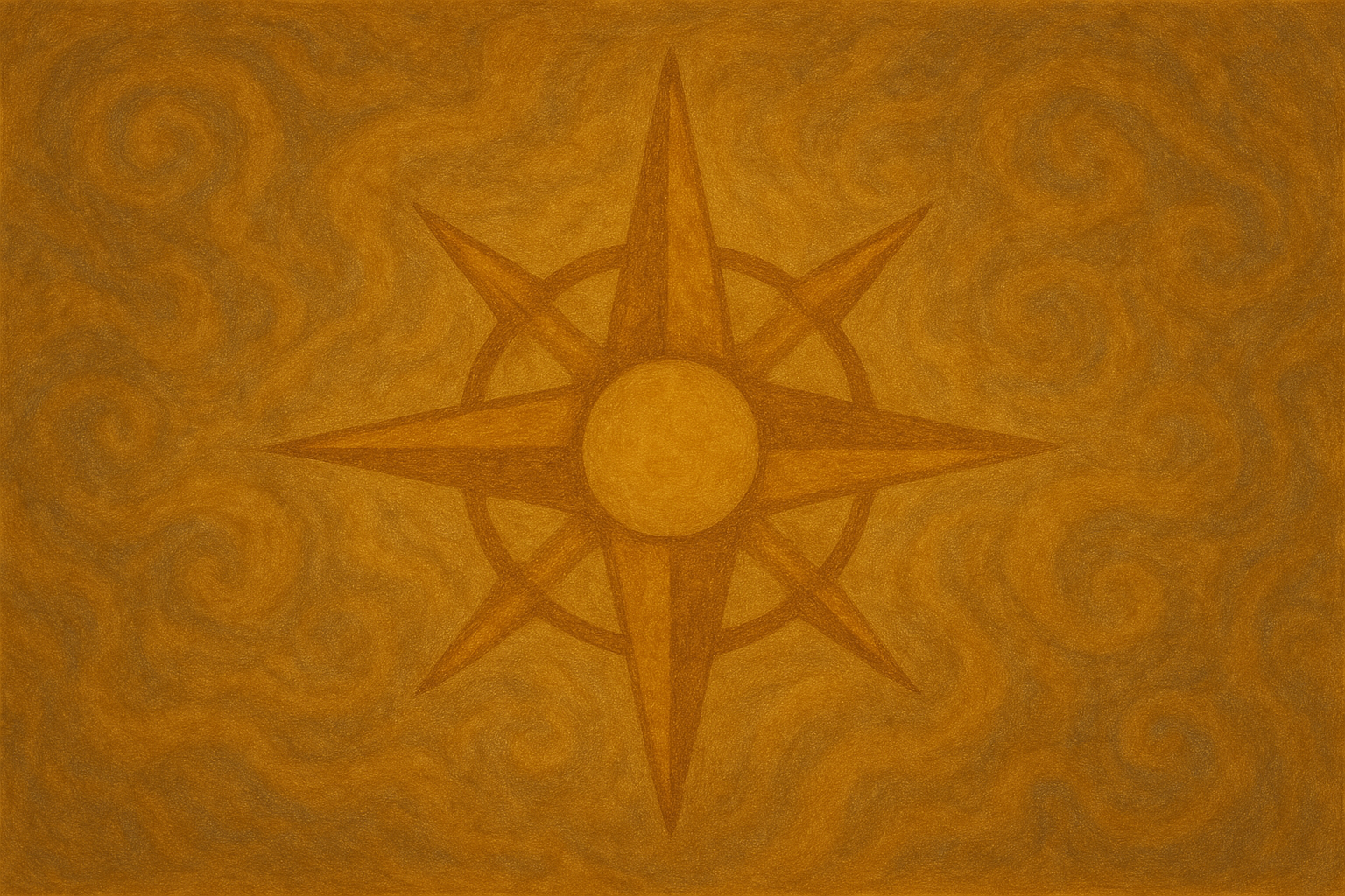 A stylized, textured illustration of a compass rose in brownish-orange tones, with swirling patterns in the background.