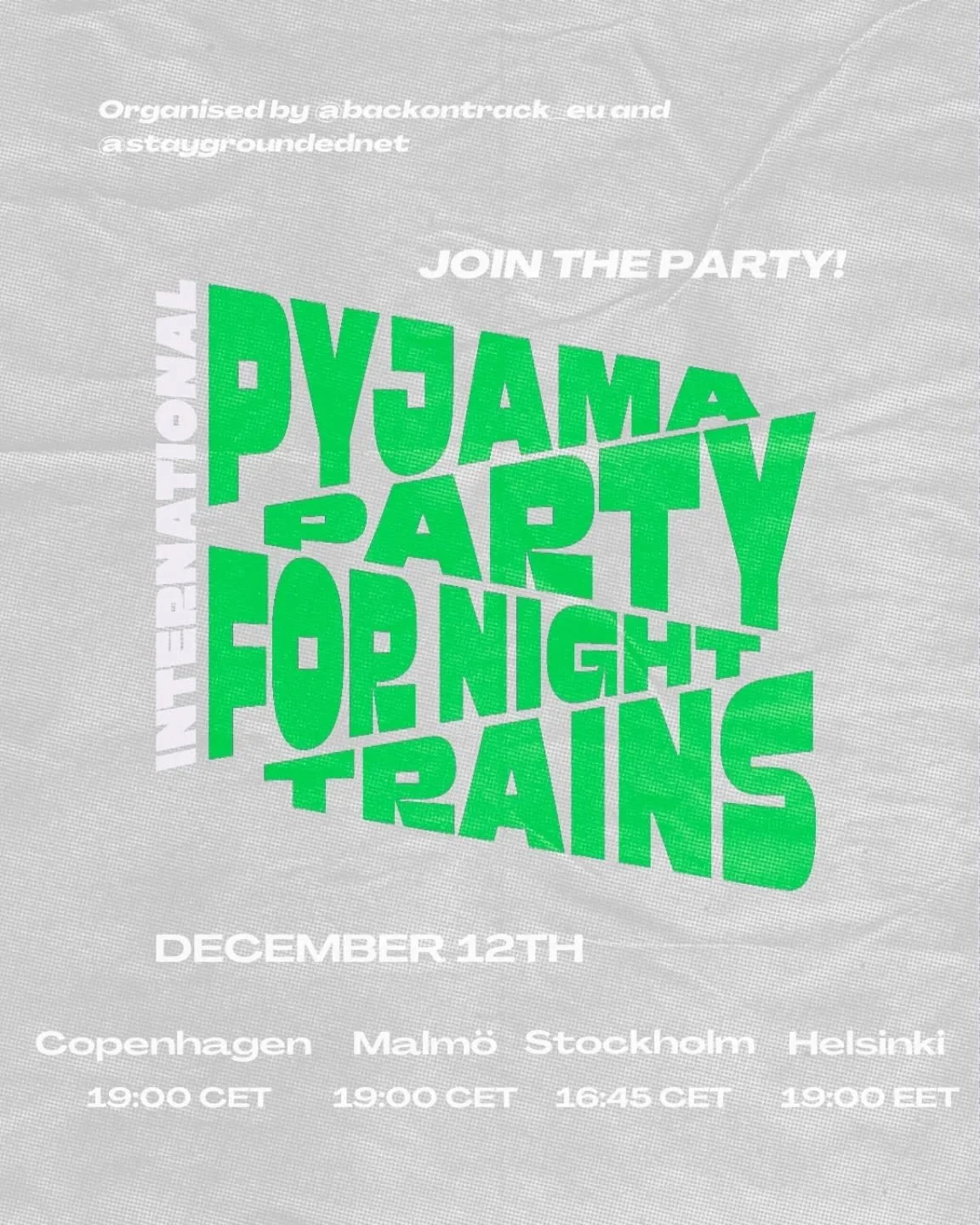 On Friday, 12th of December 2025, in Copenhagen, Malm&ouml;, Stockholm and Helsinki, people will celebrate an international pyjama party for night trains!

Train connectivity is crucial for connecting some Nordic territories to Central Europe. Night 