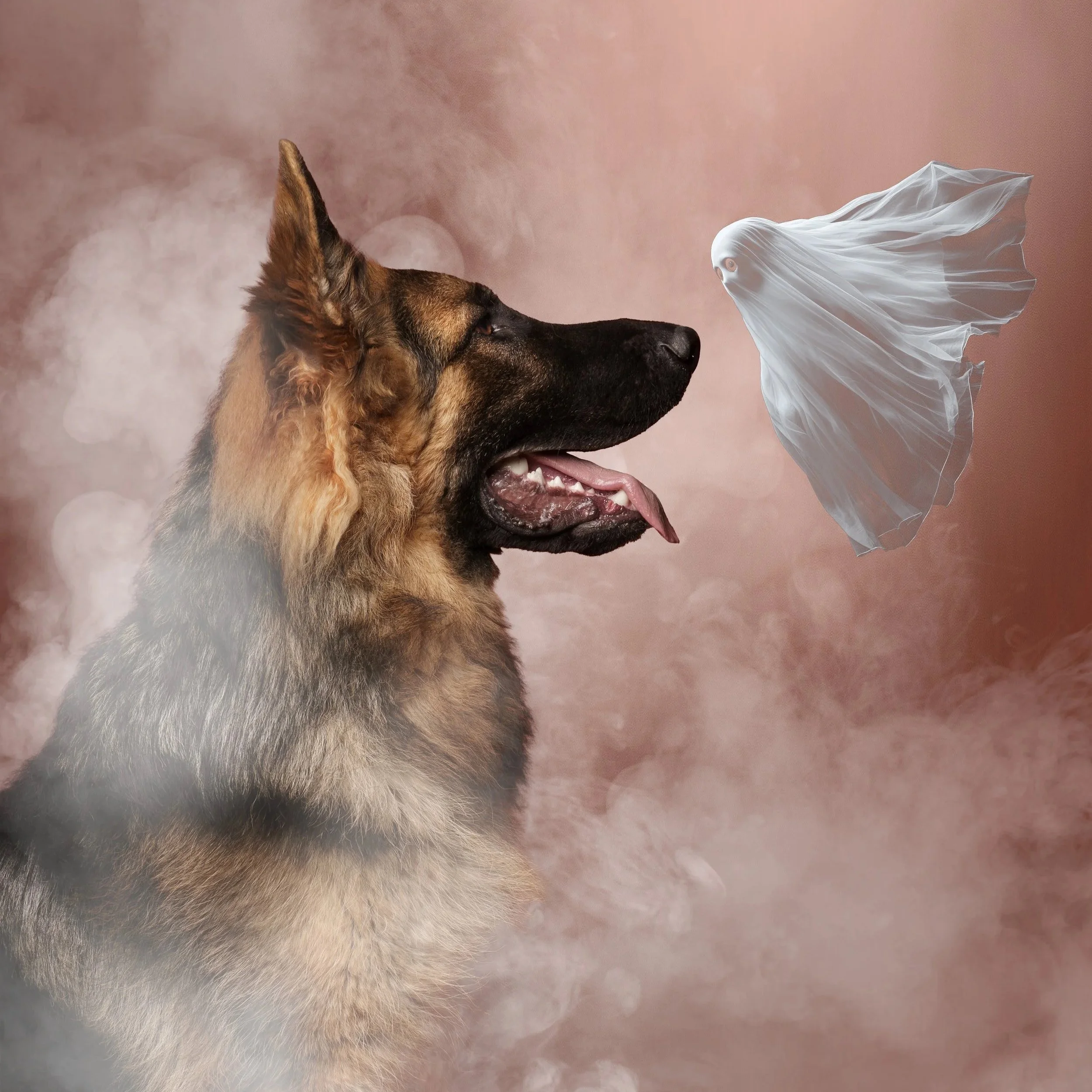 A German shepherd dog facing a floating, translucent, ghost-like figure with flowing wings and a cloth-like appearance.