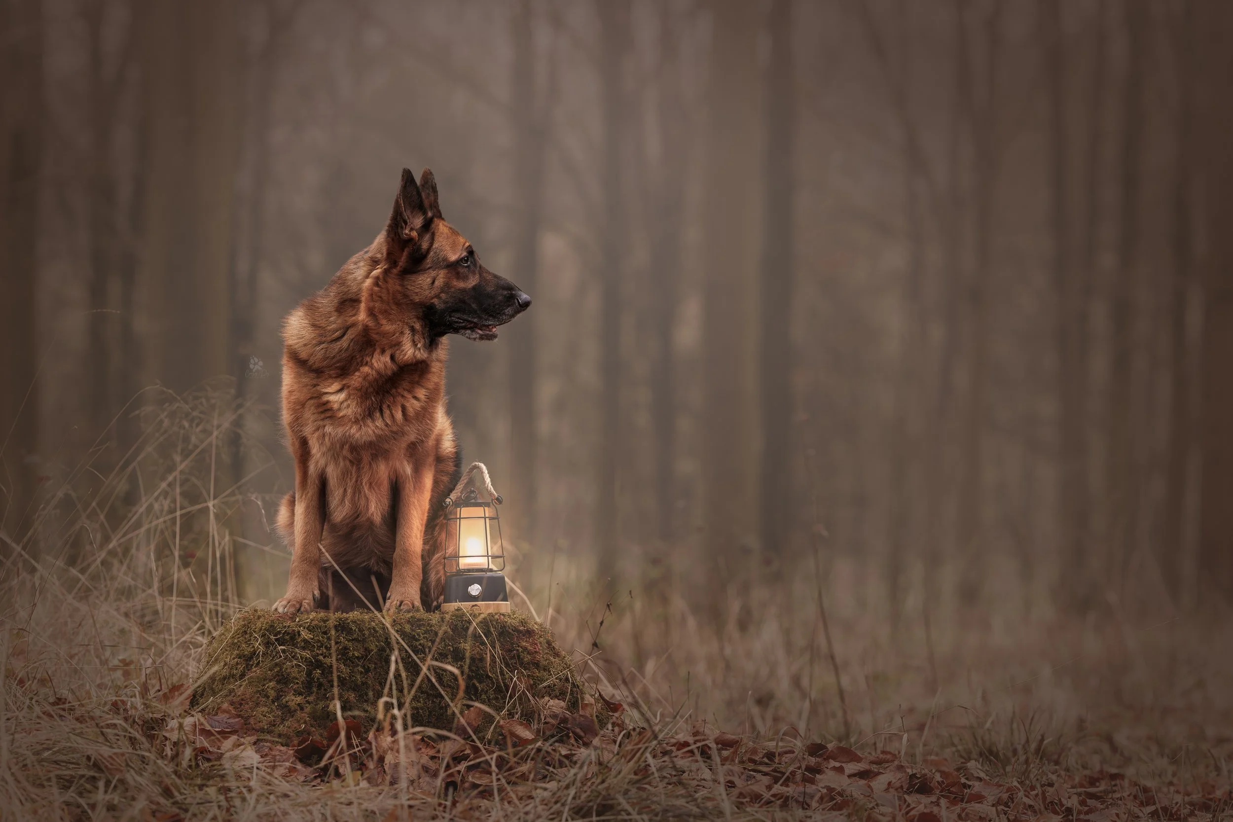 A German Shepherd dog sitting on a mossy tree stump in a misty forest, with a lantern beside it.