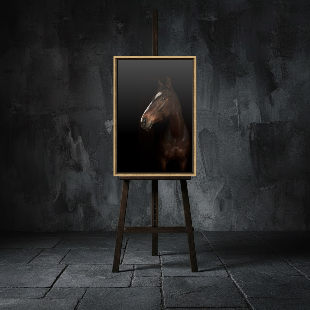 A painting of a brown horse on an easel in a dark, textured room.
