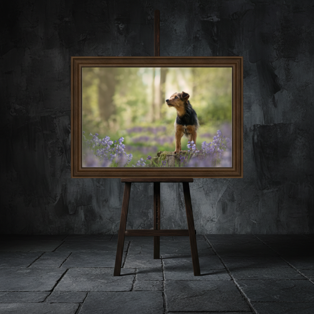 A framed photograph of a small dog standing on a mossy log surrounded by purple flowers, displayed on an easel against a dark textured wall.
