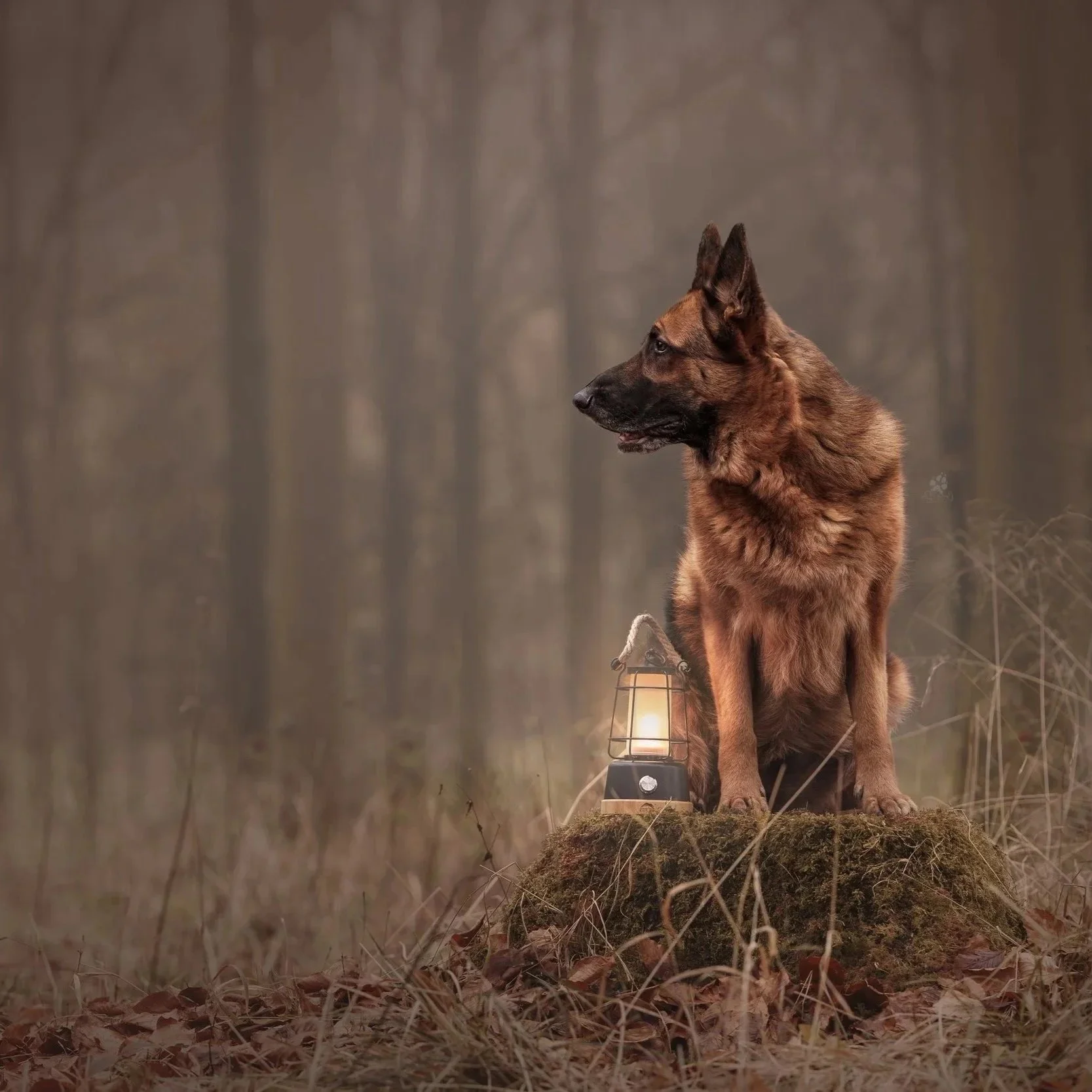 A German Shepherd dog sitting on a moss-covered rock in a foggy forest at dusk, with a small lantern emitting a soft glow placed in front of it.