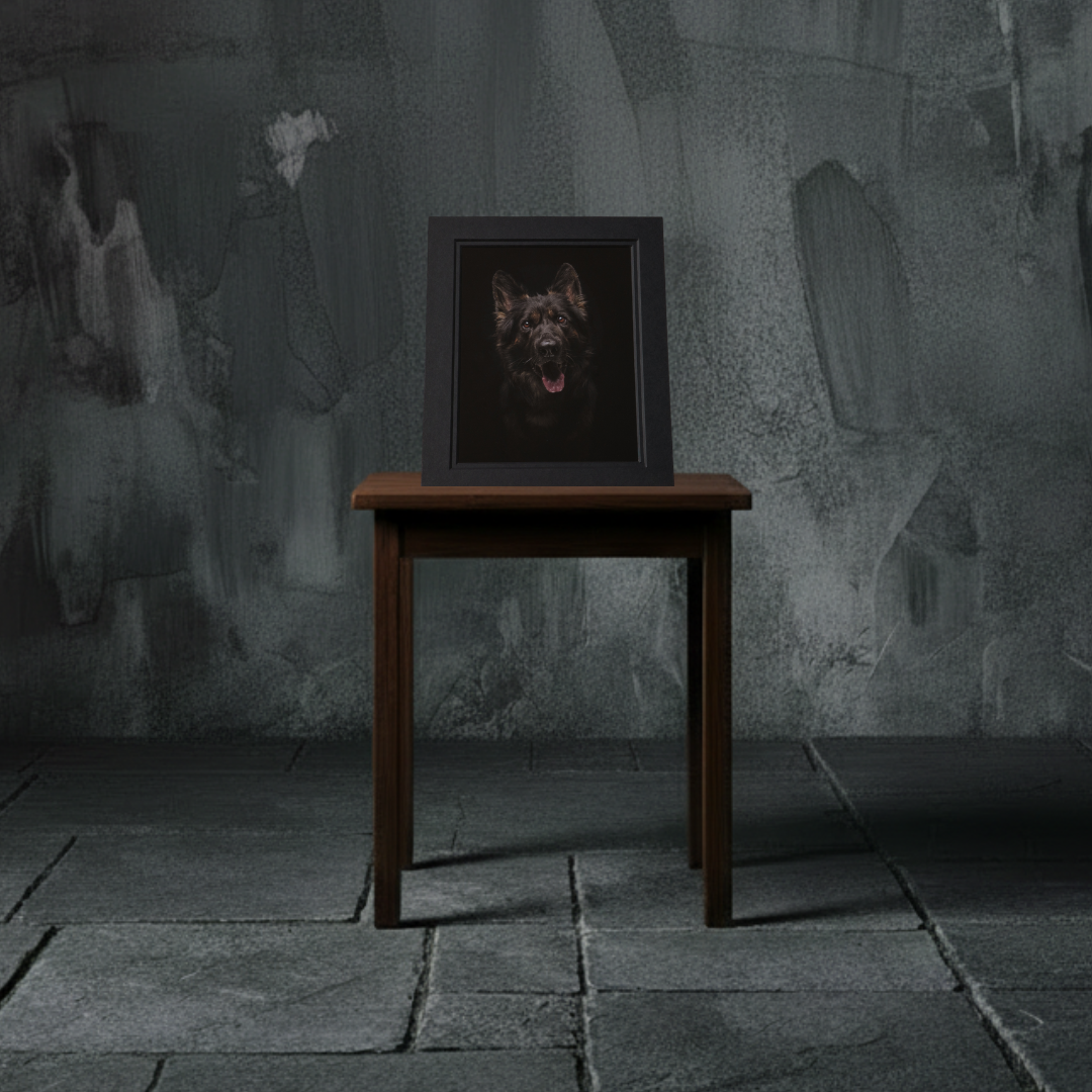 Photo of a brown and white dog resting its head and paw on a tree branch, looking directly at the camera.
