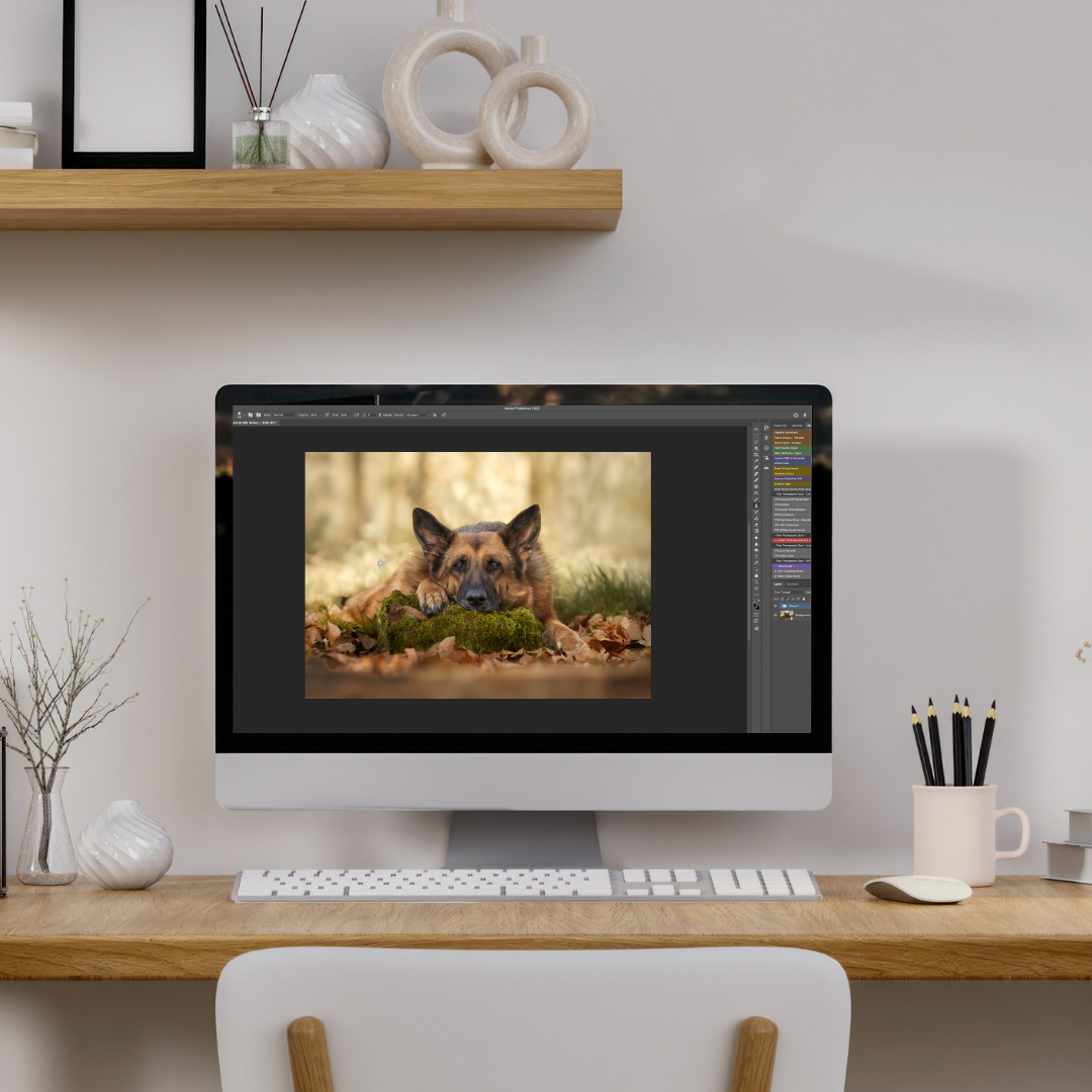 A computer desktop showing a digital photo of a dog lying on the ground amidst leaves and moss in a forest setting.