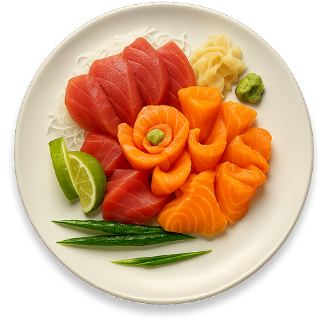 Sashimi-Platte mit Lachs, Thunfisch, Gurke, Limetten, Ingwer und Wasabi und auf einem weißen Teller