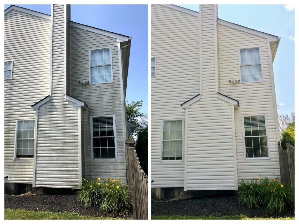 Side view of a house with beige siding in before and after restoration photos, showing weathered and cleaned exterior surfaces.