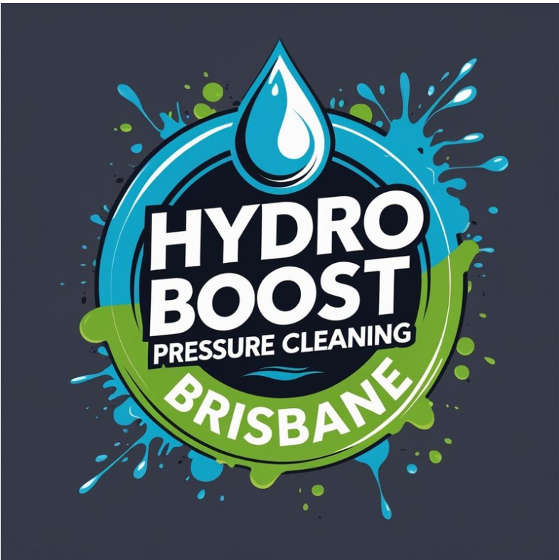 Logo for Hydro Boost Pressure Cleaning in Brisbane, featuring a water drop and splashes of blue and green paint on a dark background.