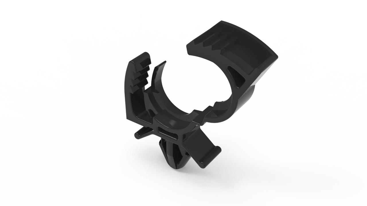 Black plastic clamp or bracket with a circular opening and adjustable parts, viewed from an angle against a white background.