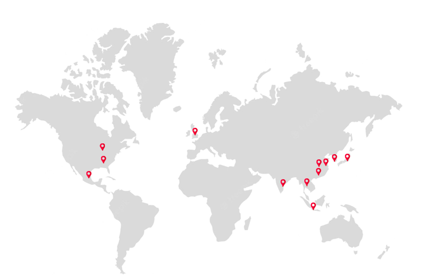 World map with multiple red location pins marking spots in North America, Europe, Africa, Asia, and Oceania.