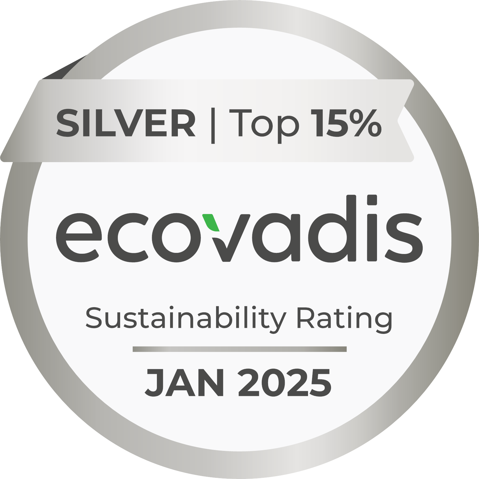 EcoVadis sustainability rating badge showing silver level in the top 15% with a January 2025 expiration date.