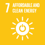 Icon of a power button with sun rays, representing clean energy, on a yellow background for SDG 7: Affordable and Clean Energy.