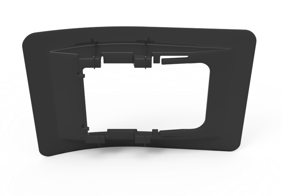 A black plastic mounting bracket, likely for a light or electronic device, with a large rectangular opening in the center.