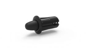 A black, cylindrical car charger with a rounded tip