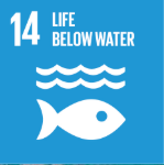 Icon indicating life below water, with a fish and waves, representing sustainable ocean and aquatic life preservation.