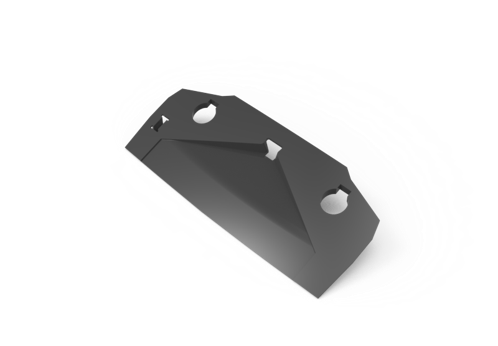 Gray metal bracket with two circular holes and a angled support, casting a shadow on a white surface.